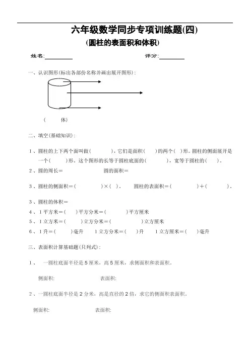 人教版六年级数学圆柱的表面积和体积训练题(word版)