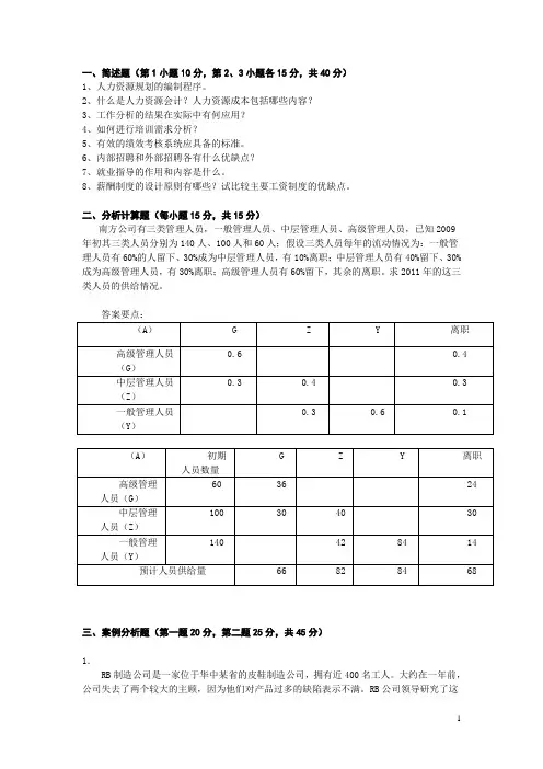 人力资源管理期末复习提纲
