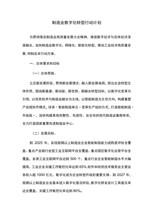 制造业数字化转型行动计划