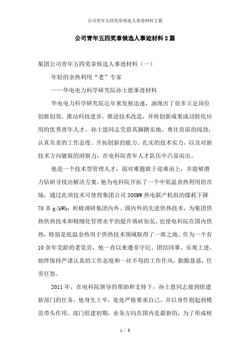 公司青年五四奖章候选人事迹材料2篇