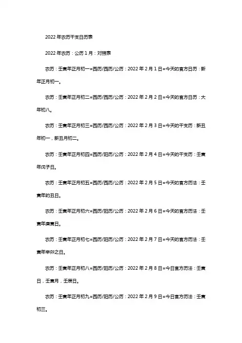 2022年农历干支日历表