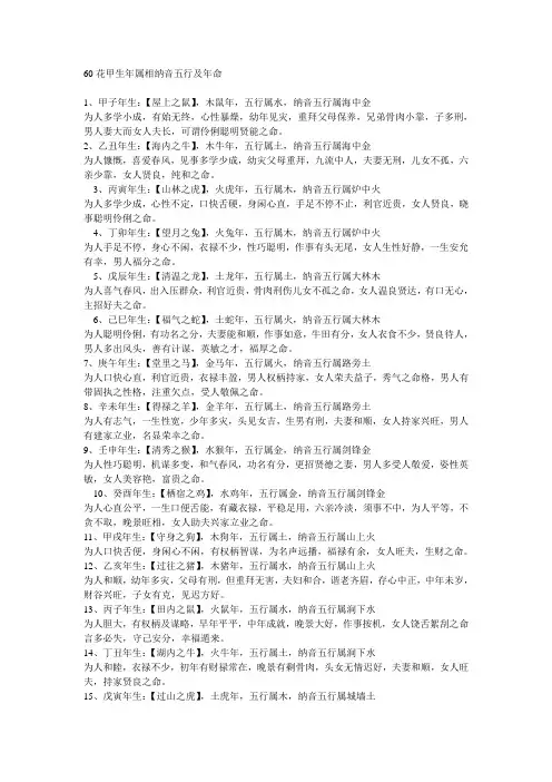 60花甲生年属相纳音五行及年命