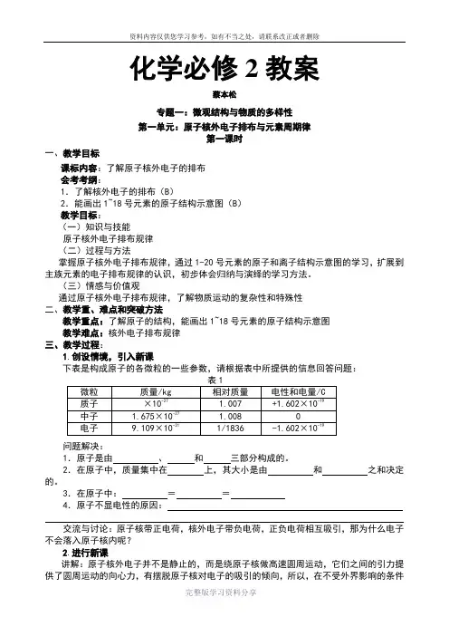 苏教版高中化学必修2全套教案