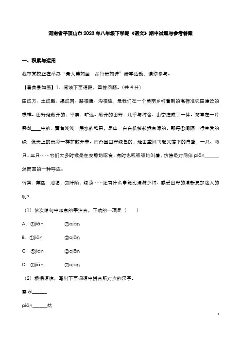 河南平顶山市2023年八年级下学期《语文》期中试题与参考答案