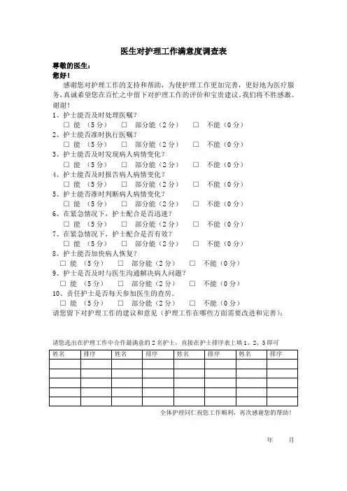 医生对护理工作满意度调查表