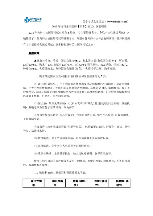 2018年内科主治医师【必考】症状：胸腔积液