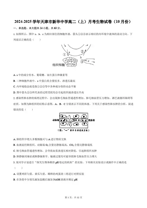 2024-2025学年天津市新华中学高二(上)月考生物试卷(10月份)(含答案)