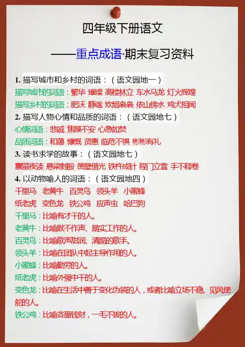 四年级下册语文重点成语期末复习资料