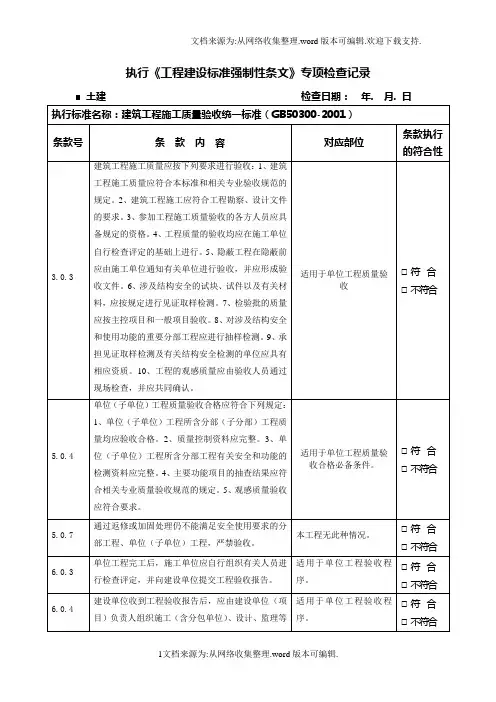 土建工程建设标准强制性条文专项检查记录表