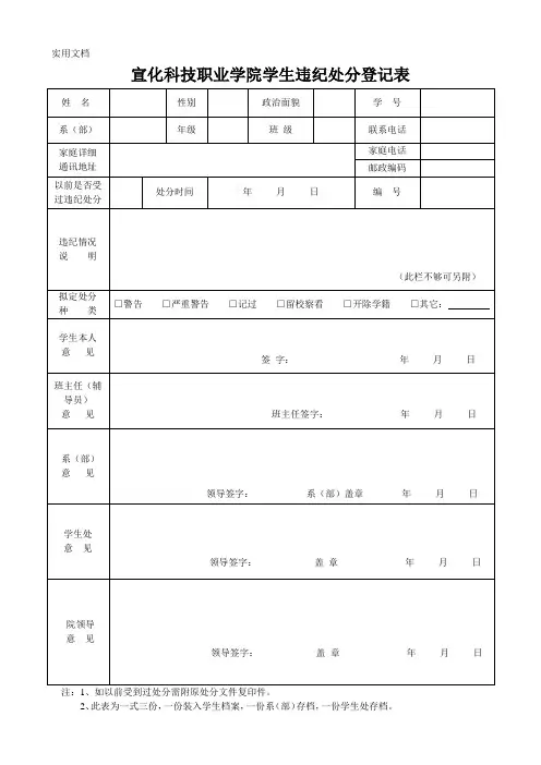 学生违纪处分登记表