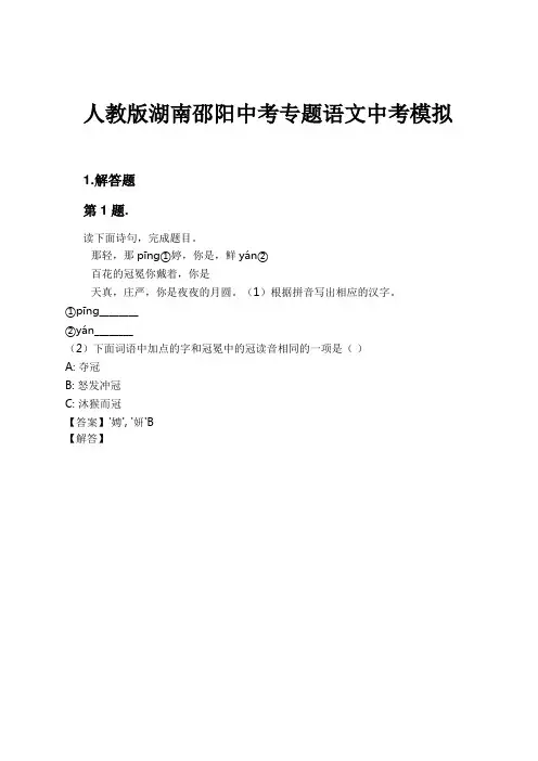 人教版湖南邵阳中考专题语文中考模拟试卷及解析