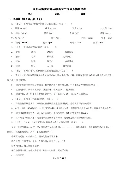 河北省衡水市九年级语文中考全真模拟试卷