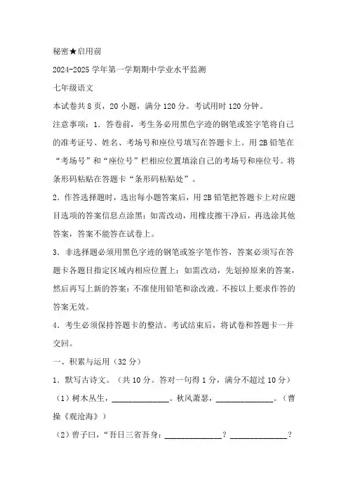 广东省韶关市新丰县2024-2025学年七年级上学期期中语文试题(含答案)