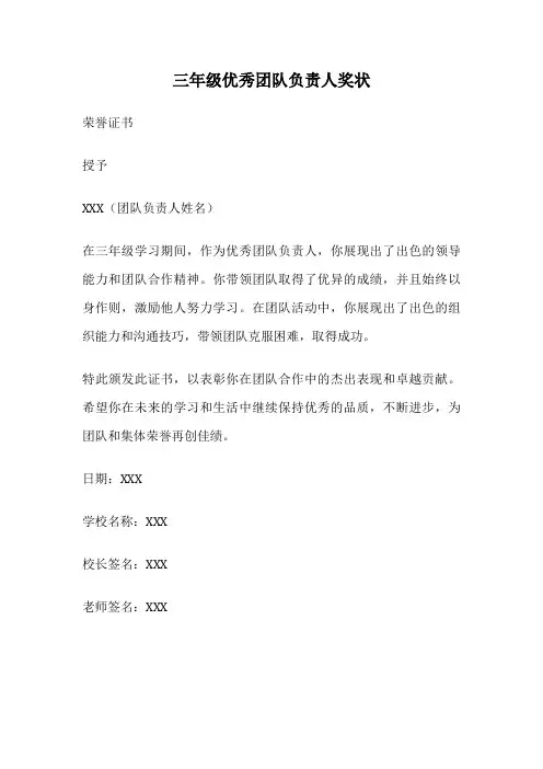 三年级优秀团队负责人奖状