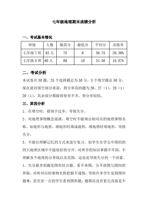 7年级地理期末成绩分析