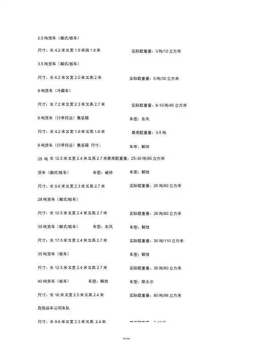 物流货车常见车型尺寸