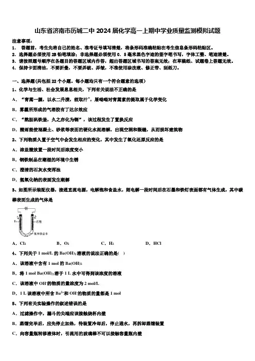 山东省济南市历城二中2024届化学高一上期中学业质量监测模拟试题含解析