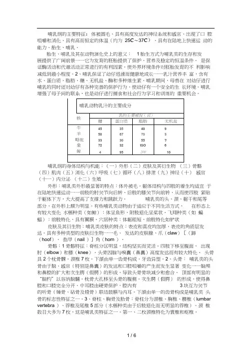 哺乳纲的主要特征