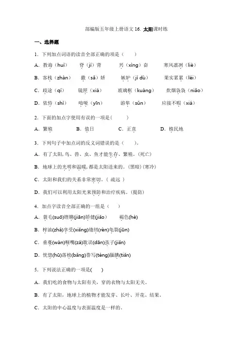2024年秋季小学语文试卷五年级上册语文部编版课时练第16课《太阳》01(含答案)