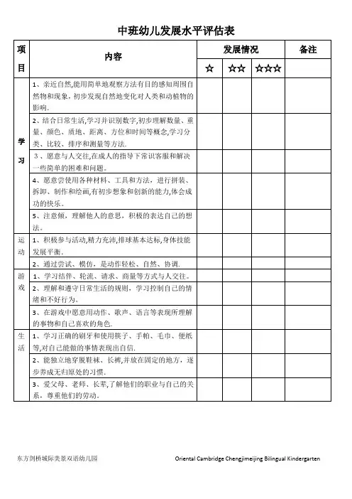 中班幼儿发展水平评估表