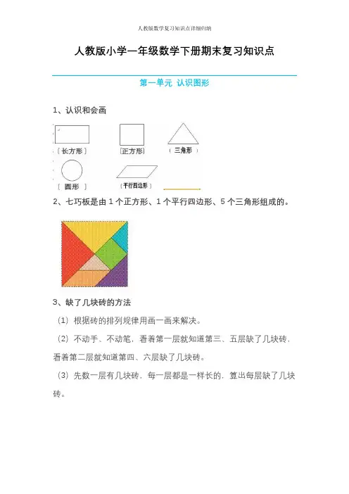 人教版数学一年级下册期末复习知识点汇总