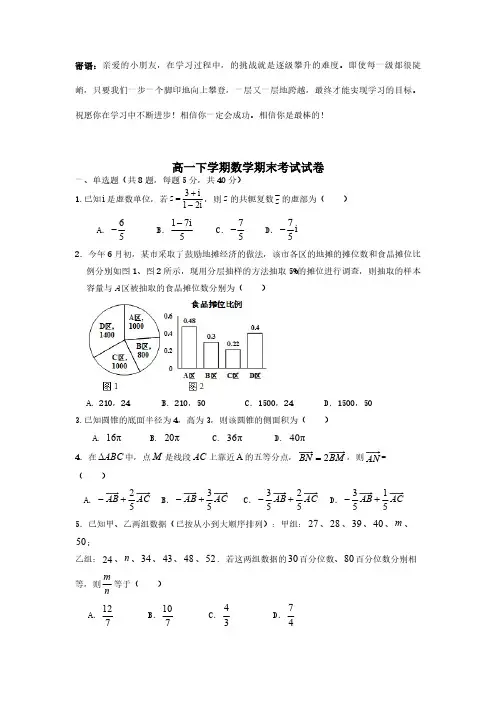 高一年级下学期数学期末测试卷01-(试卷配答案)