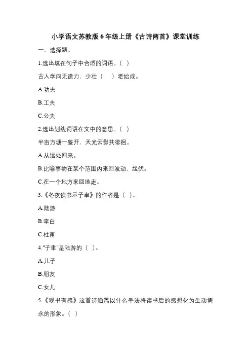 小学语文苏教版六年级上册22《古诗两首》课堂训练