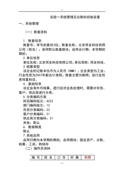 会计电算化 实训资料