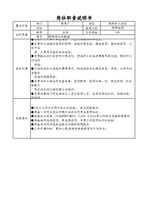 模具厂模具加工课长岗位说明书