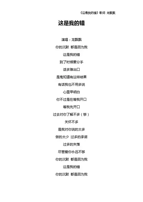 《这是我的错》歌词 龙飘飘