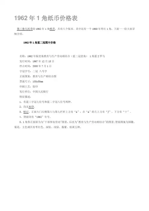 1962年1角纸币价格表