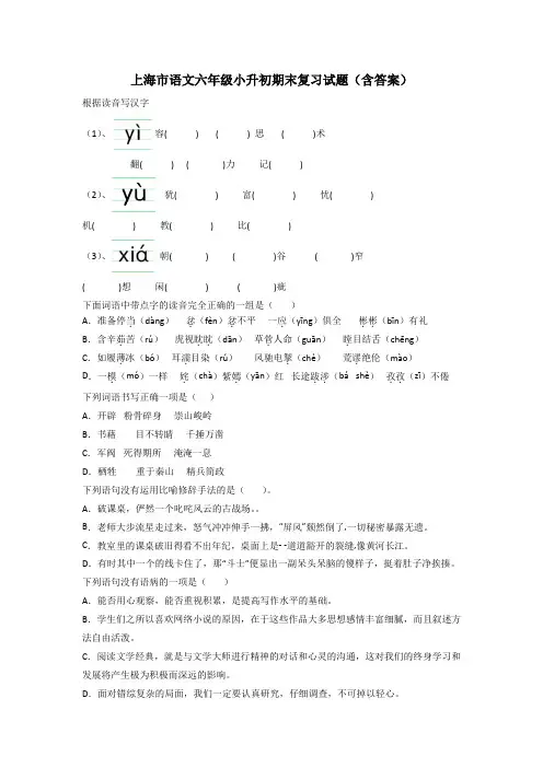 上海市语文六年级小升初期末复习试题(含答案)