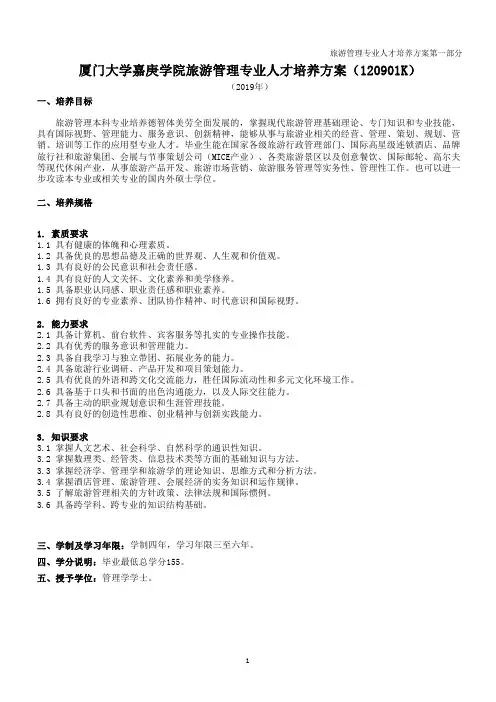 厦门大学嘉庚学院旅游管理专业人才培养方案(120901K)