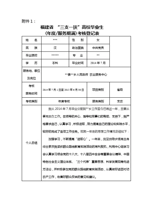 福建省2015年度三支一扶年度考核表