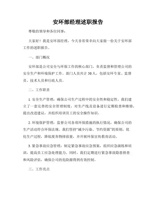 安环部经理述职报告