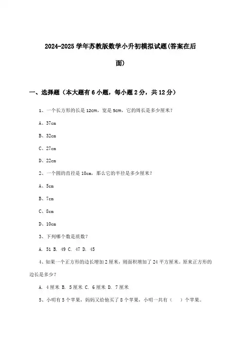 2024-2025学年苏教版小升初数学试题与参考答案