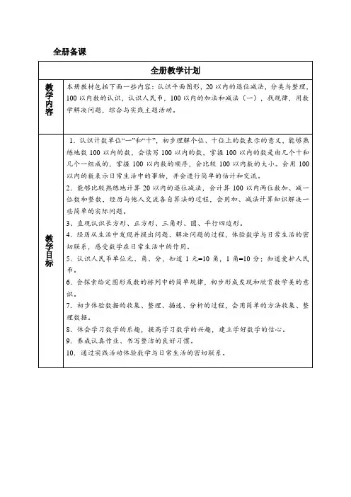 最新人教版一年级数学下册全册电子教案(表格式)