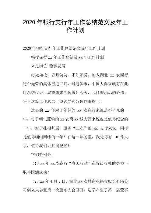 2020年银行支行年工作总结范文及年工作计划