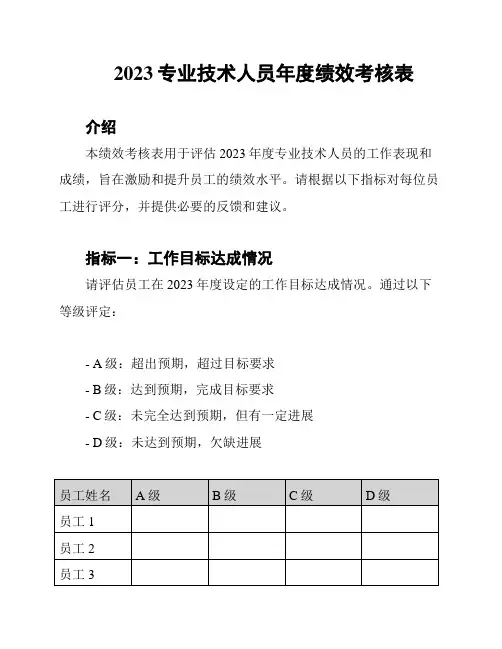 2023专业技术人员年度绩效考核表
