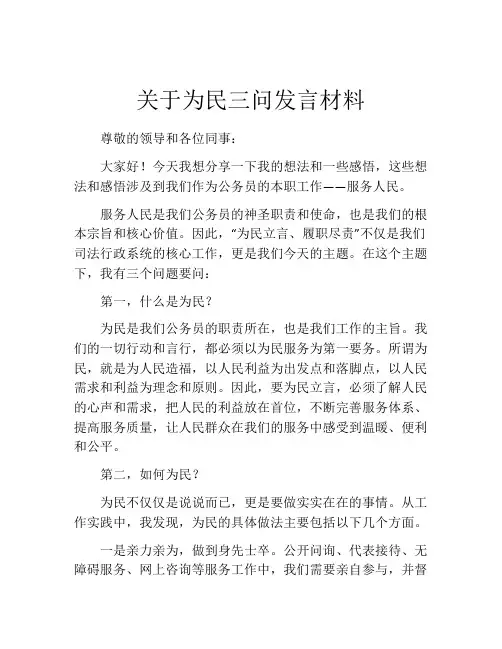 关于为民三问发言材料