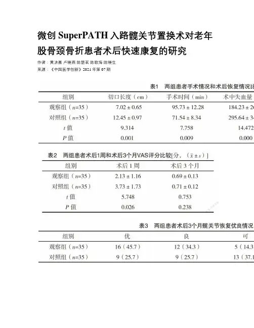 微创SuperPATH入路髋关节置换术对老年股骨颈骨折患者术后快速康复的研究