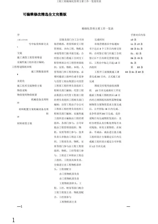工程项目精细化管理主要工作一览使用表精选全文