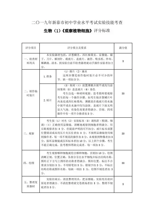 生物实验技能考查评分标准