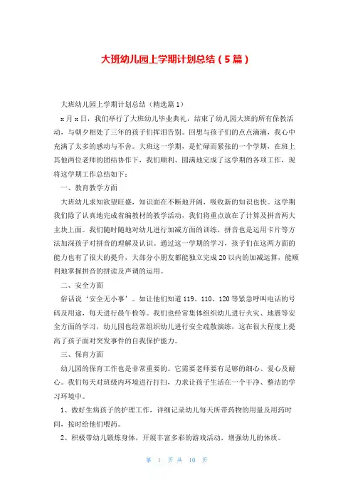 大班幼儿园上学期计划总结(5篇)