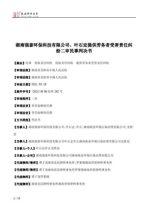 湖南强泰环保科技有限公司、叶石定提供劳务者受害责任纠纷二审民事判决书