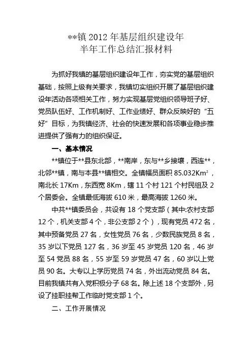 某某镇2012年基层组织建设年半年工作总结汇报材料