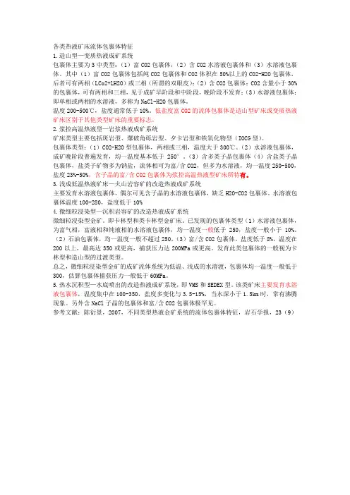 各类热液矿床流体包裹体特征