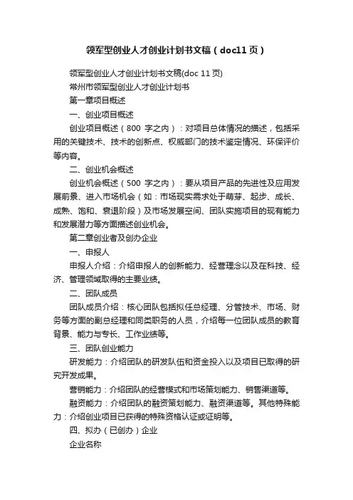 领军型创业人才创业计划书文稿（doc11页）