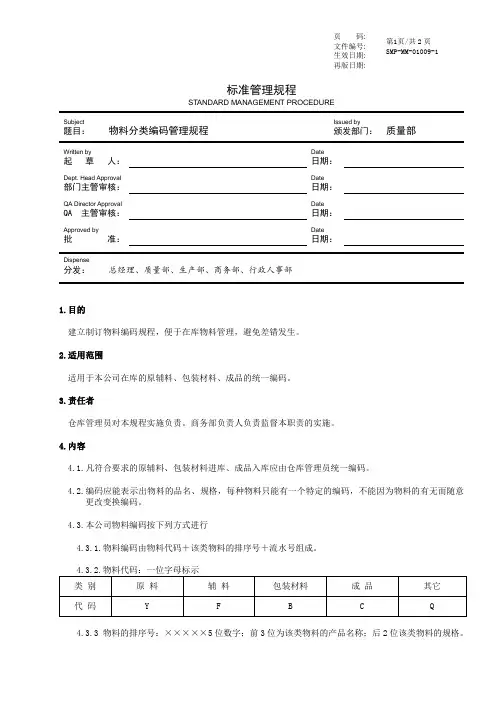 GMP物料分类编码管理规程