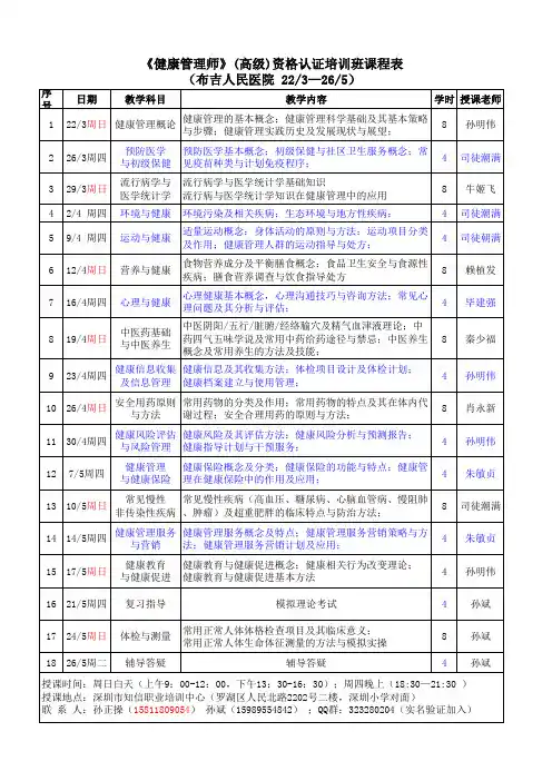 健康管理师课程表(布吉人民医院)